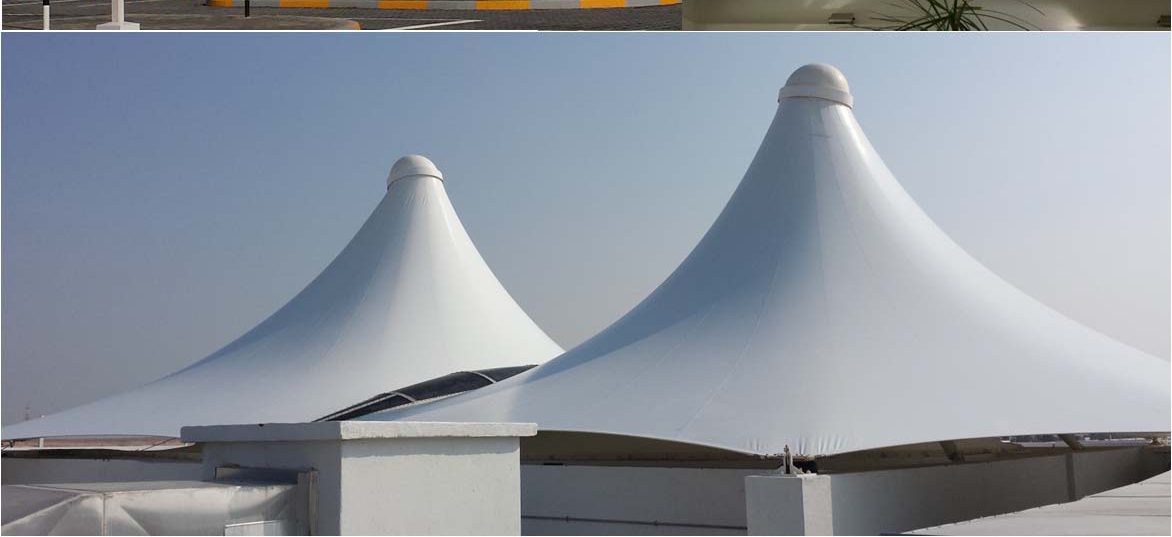 Twin cone tensile canopies on an ADNOC service station roof