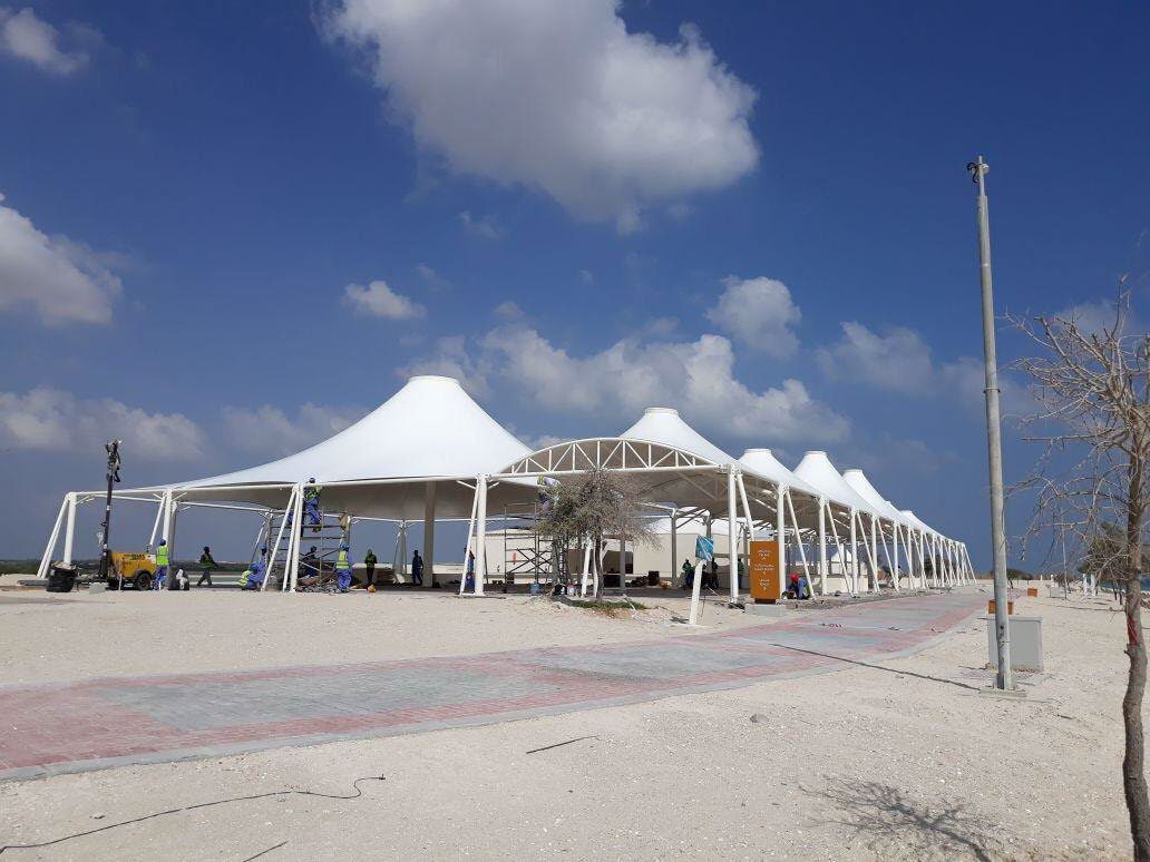 Conical tensile canopies at Sir Baniyas private beach resort