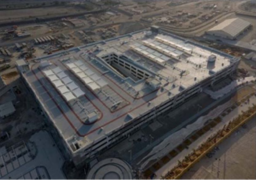 Aerial view of Warner Bros. World Abu Dhabi during construction on Yas Island