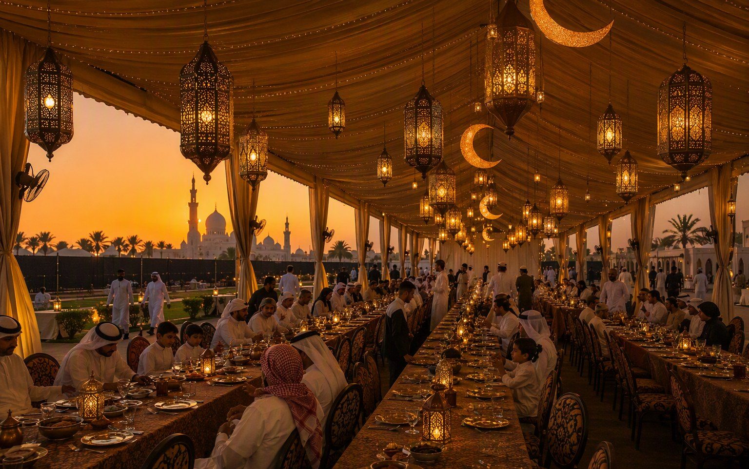 Ramadan iftar tent with lanterns and communal dining tables in the UAE by Al Hamra Industries