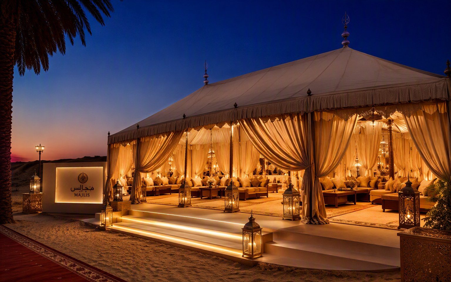 Luxury Arabic majlis tent exterior at dusk installed by Al Hamra Industries in the UAE